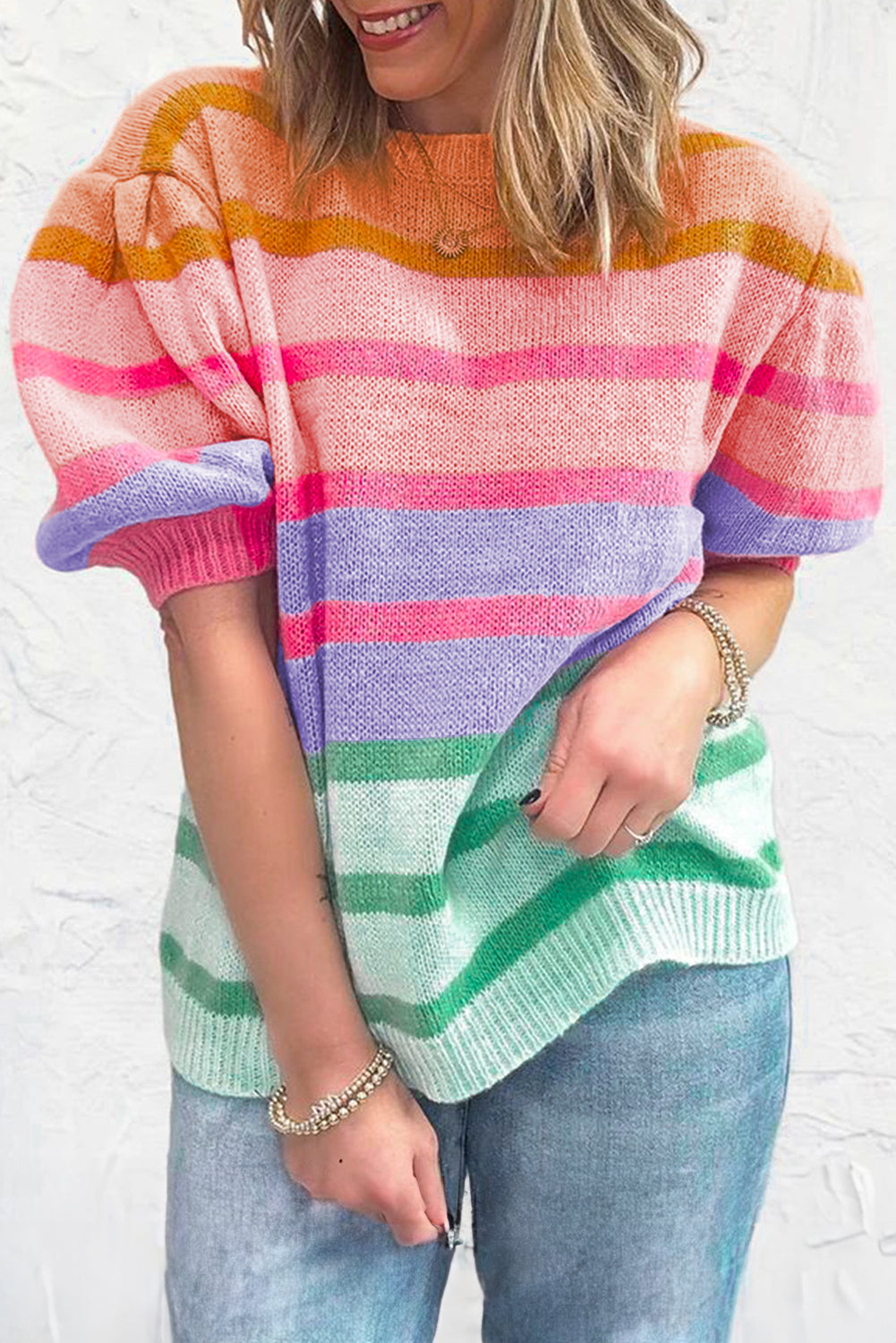 Rose Red Colorful Stripe Sweater