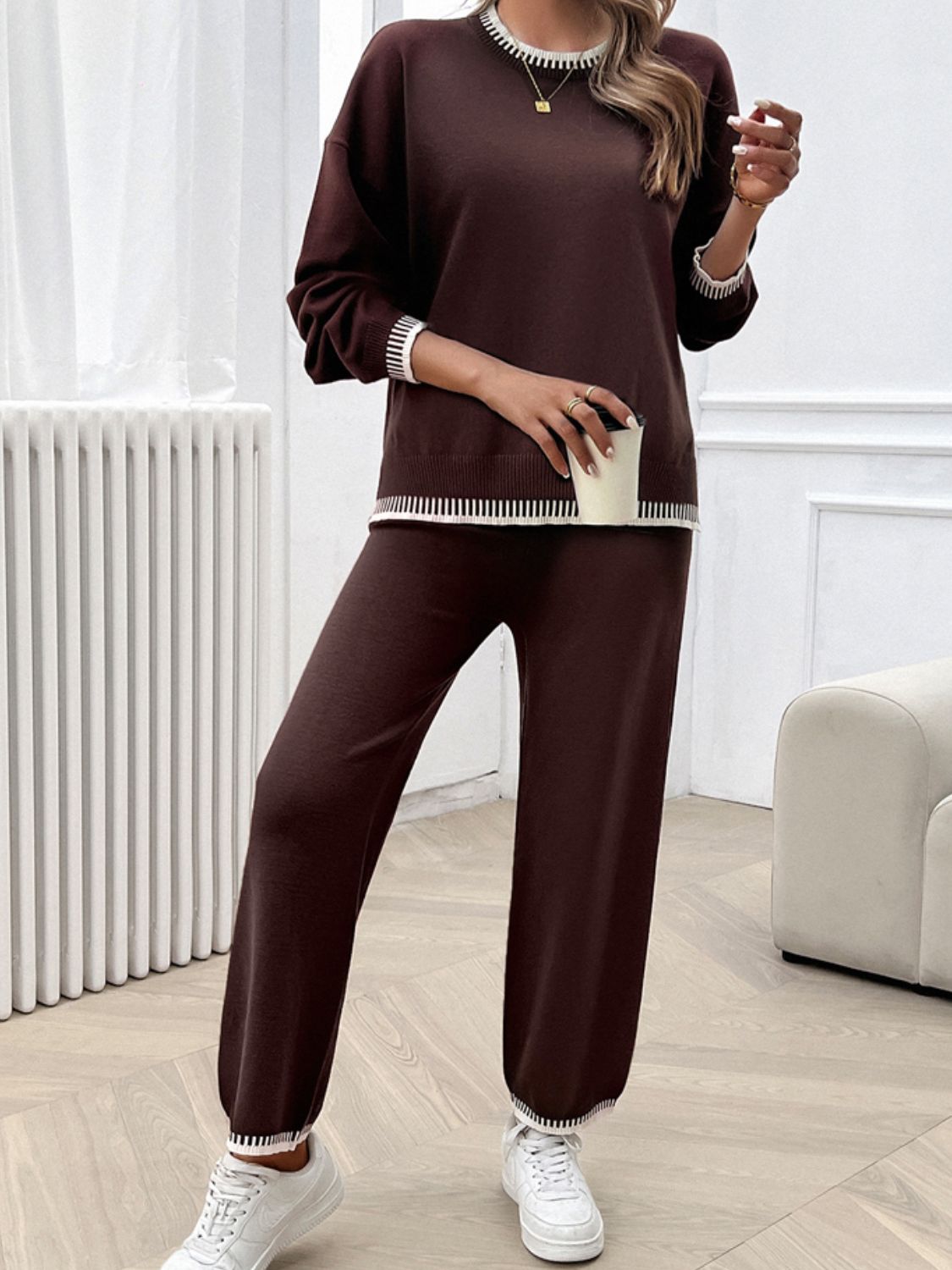 Round Neck Dropped Shoulder Top and Pants Sweater Set - JassyBae