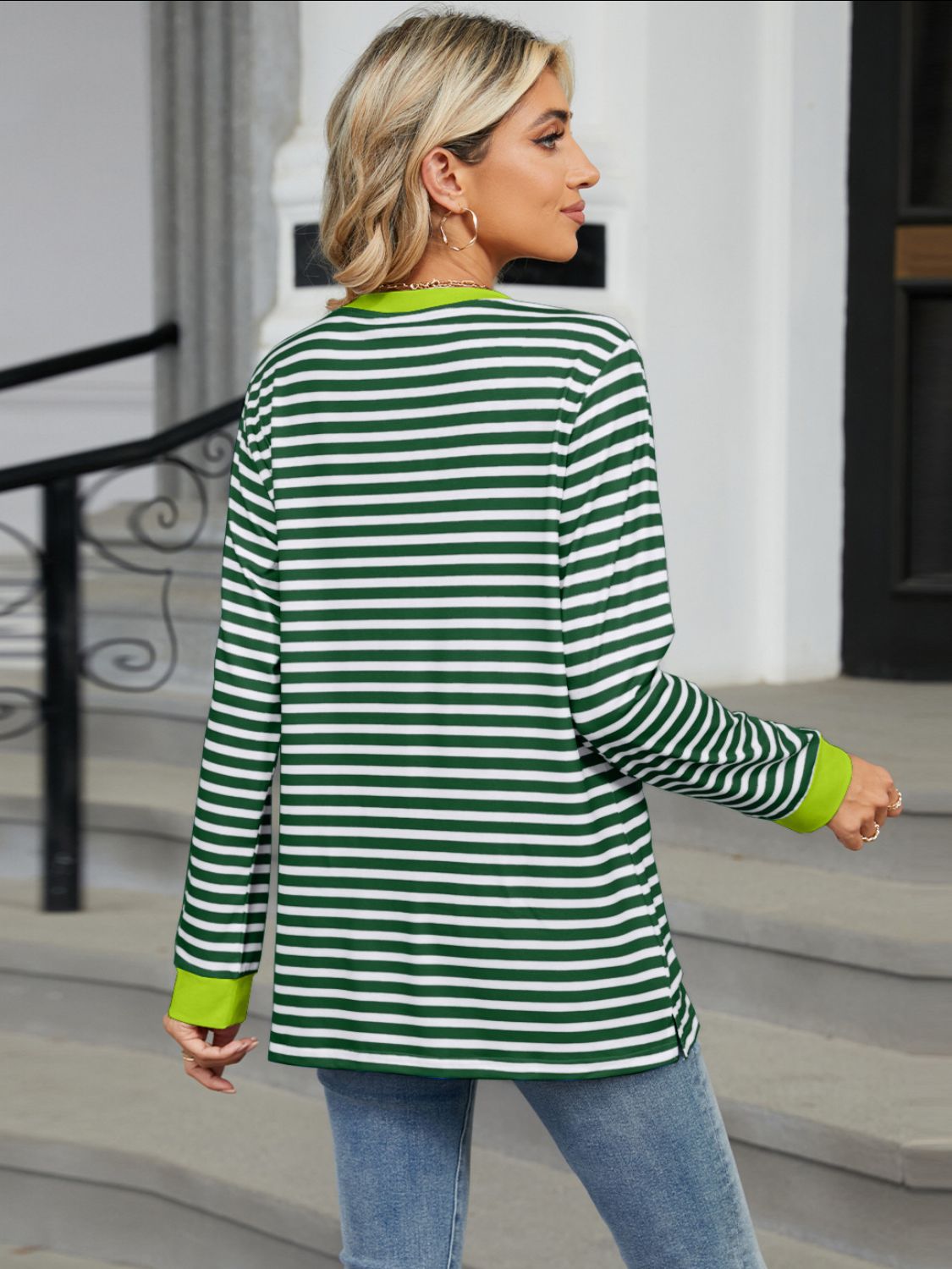 Pocketed Striped Round Neck Long Sleeve T-Shirt - JassyBae