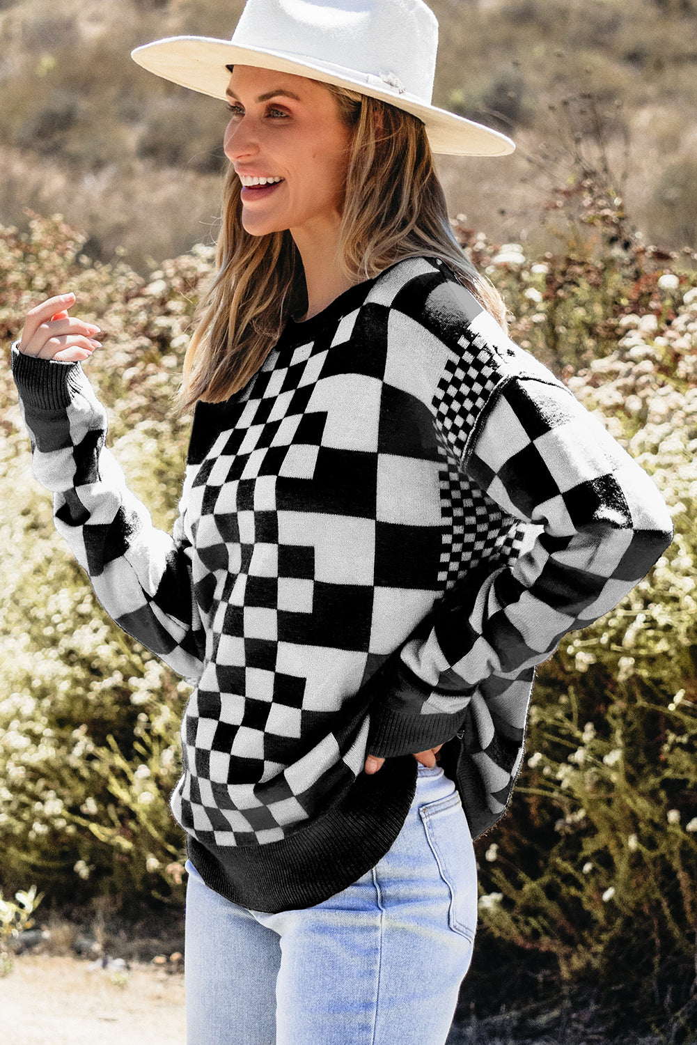 Black Checkered Round Neck Sweater