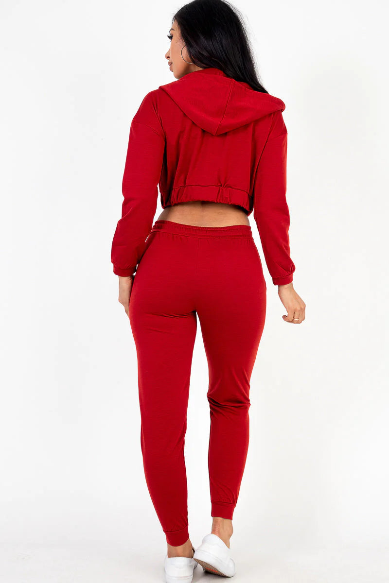 Cozy Chic French Terry Lounge Set: Zip-Up Jacket, Cropped Cami, and Joggers