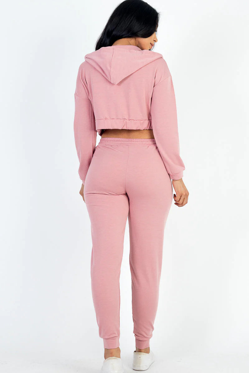 Cozy Chic French Terry Lounge Set: Zip-Up Jacket, Cropped Cami, and Joggers