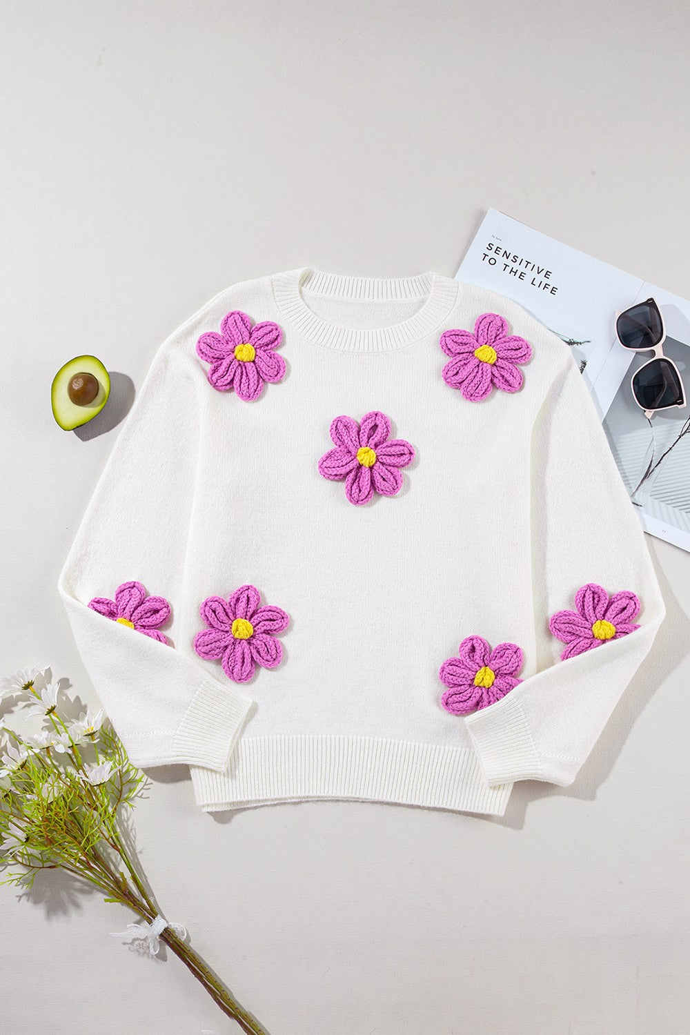 Crochet Flower Round Neck Long Sleeve Sweater - JassyBae