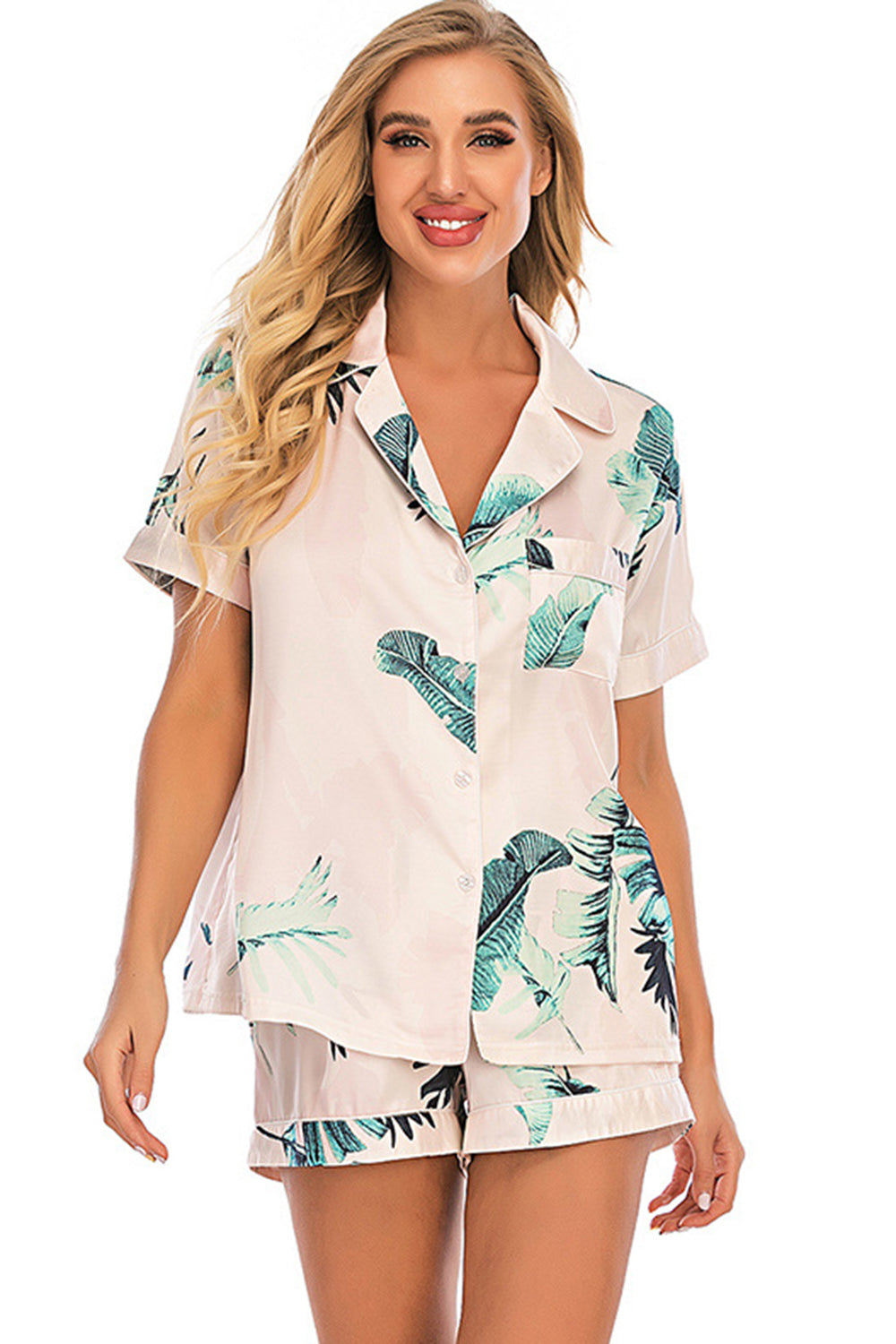 Printed Button Up Short Sleeve Top and Shorts Lounge Set - JassyBae