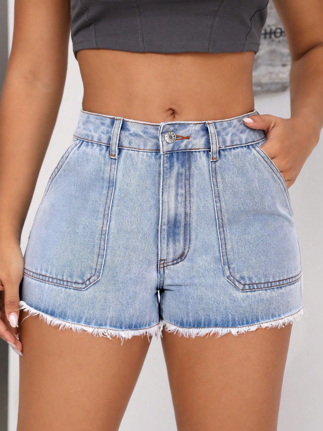 Raw Hem Pocketed Denim Shorts - JassyBae