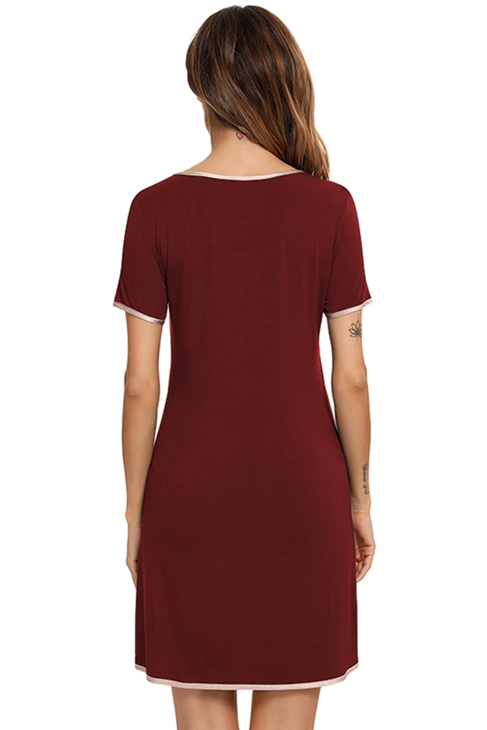 Contrast Trim Pocketed Round Neck Lounge Dress - JassyBae