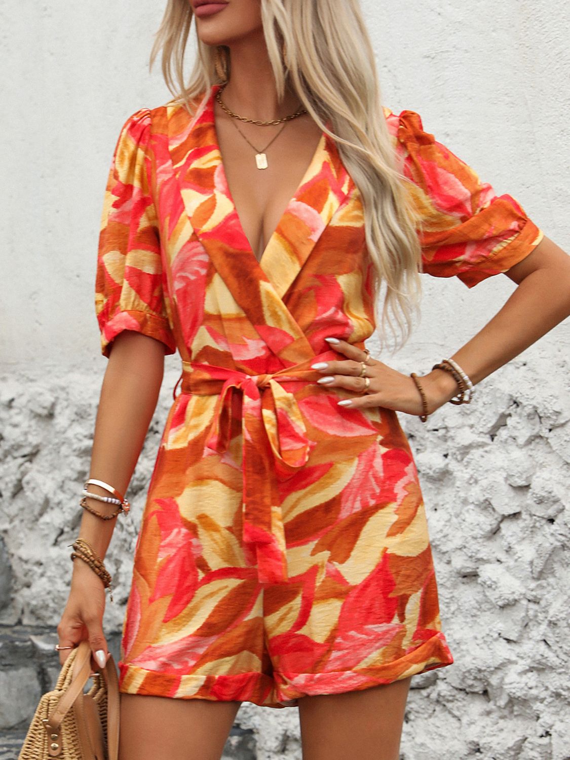 Printed Surplice Half Sleeve Romper