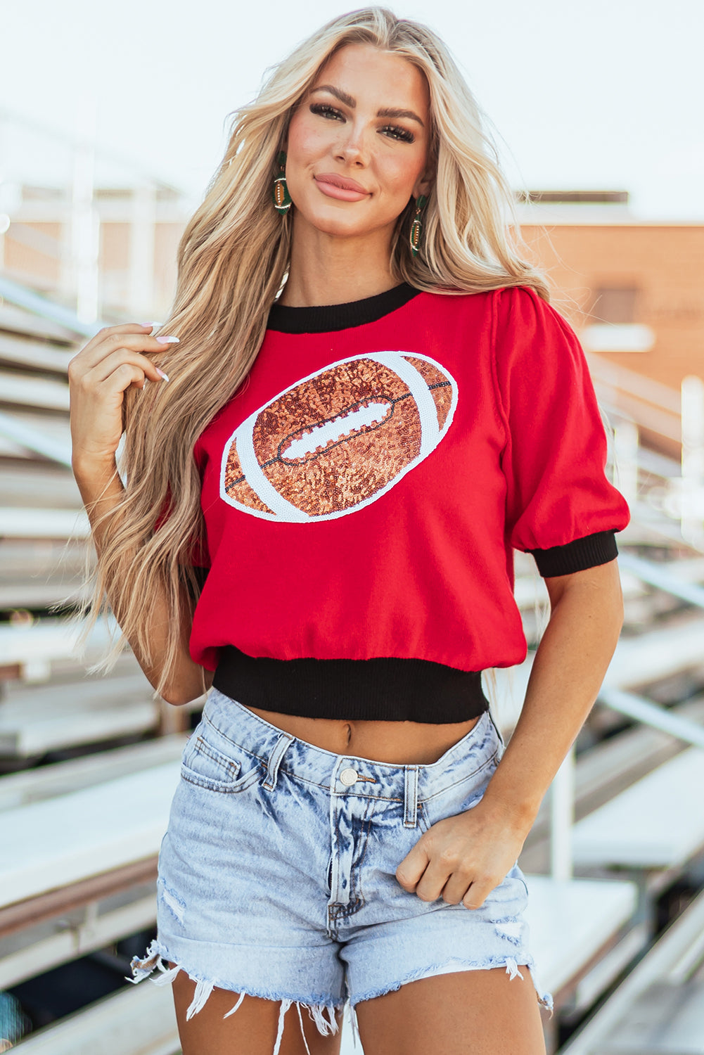 Red Sequin Puff Short Sleeve Sweater