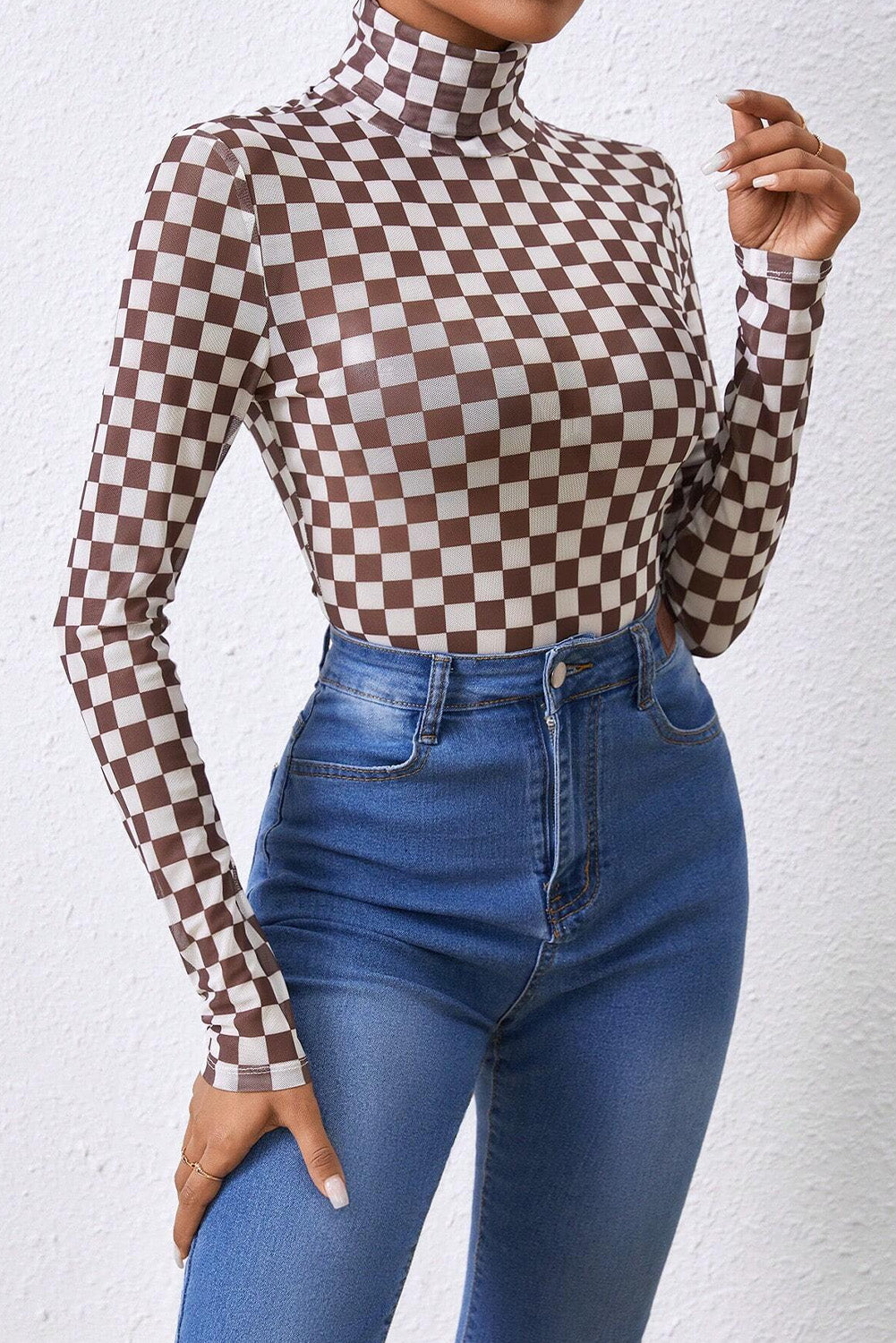 Brown Checkered High Neck Bodysuit