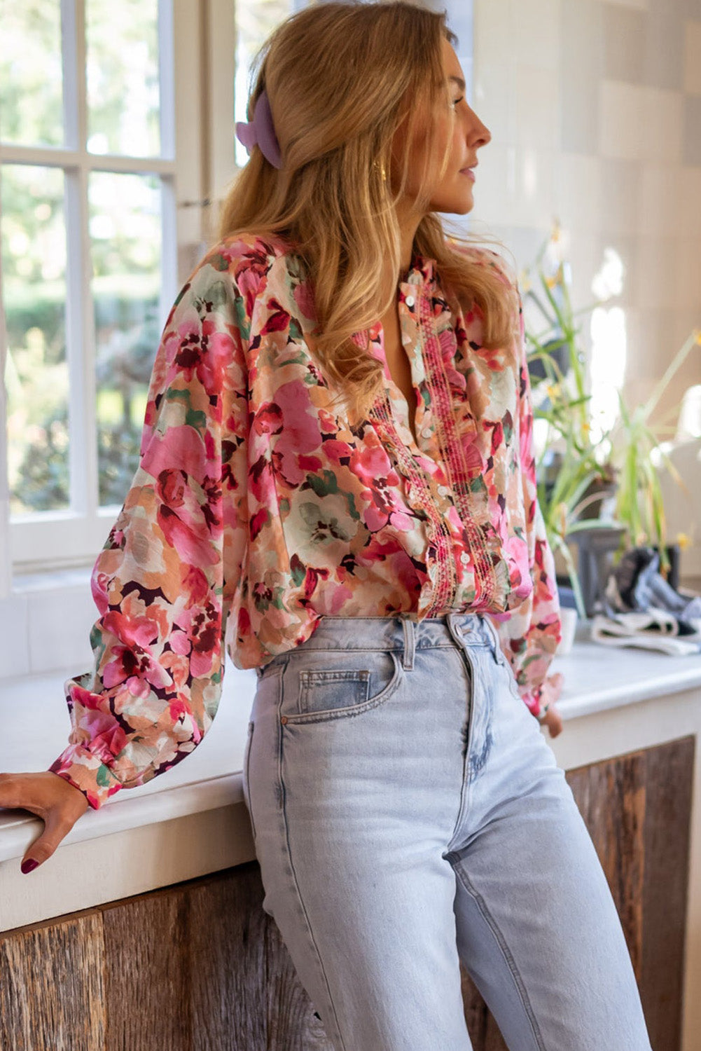 Red Floral Ruffled Shirt