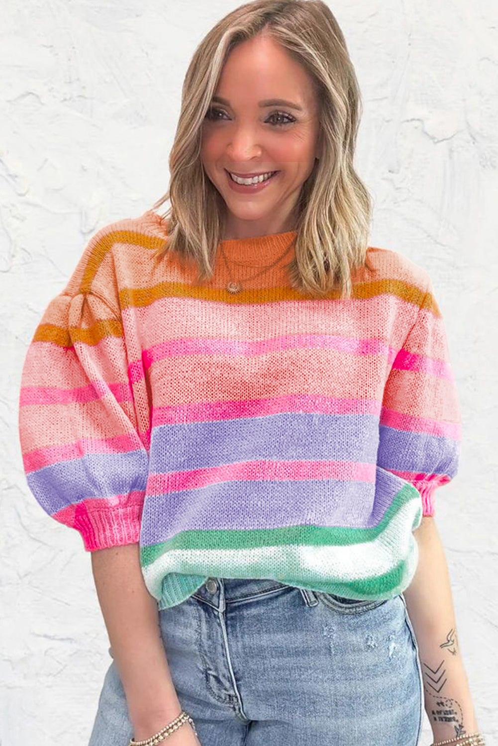 Rose Red Colorful Stripe Sweater