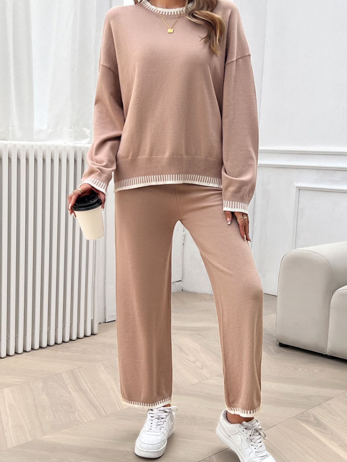 Round Neck Dropped Shoulder Top and Pants Sweater Set - JassyBae