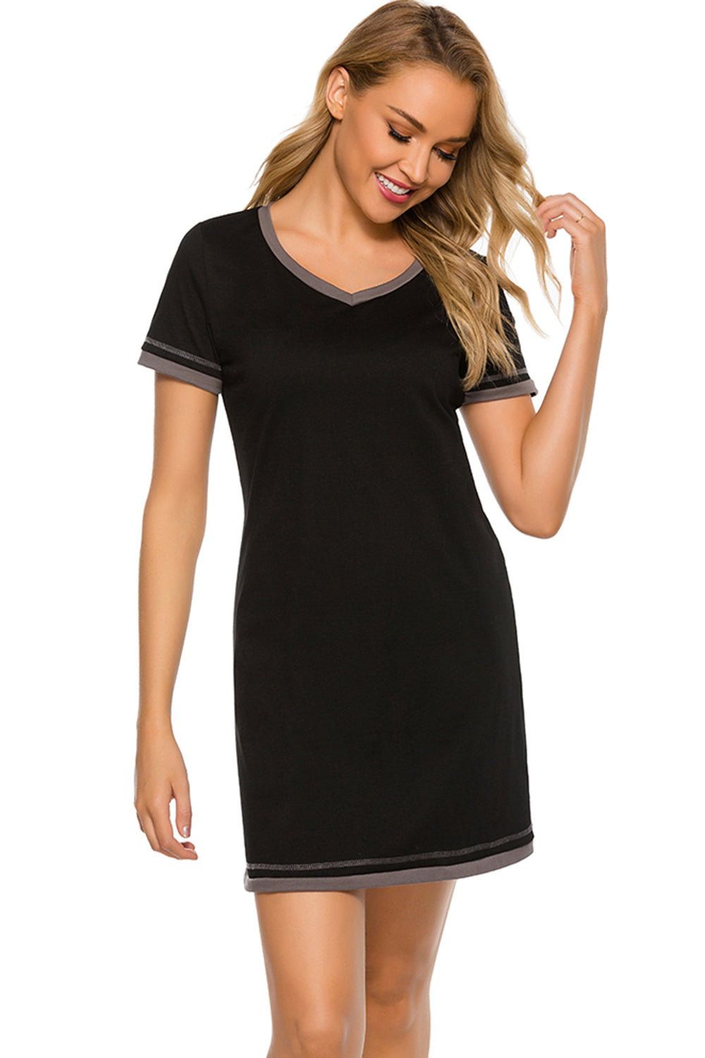 Contrast Trim Short Sleeve Lounge Dress - JassyBae