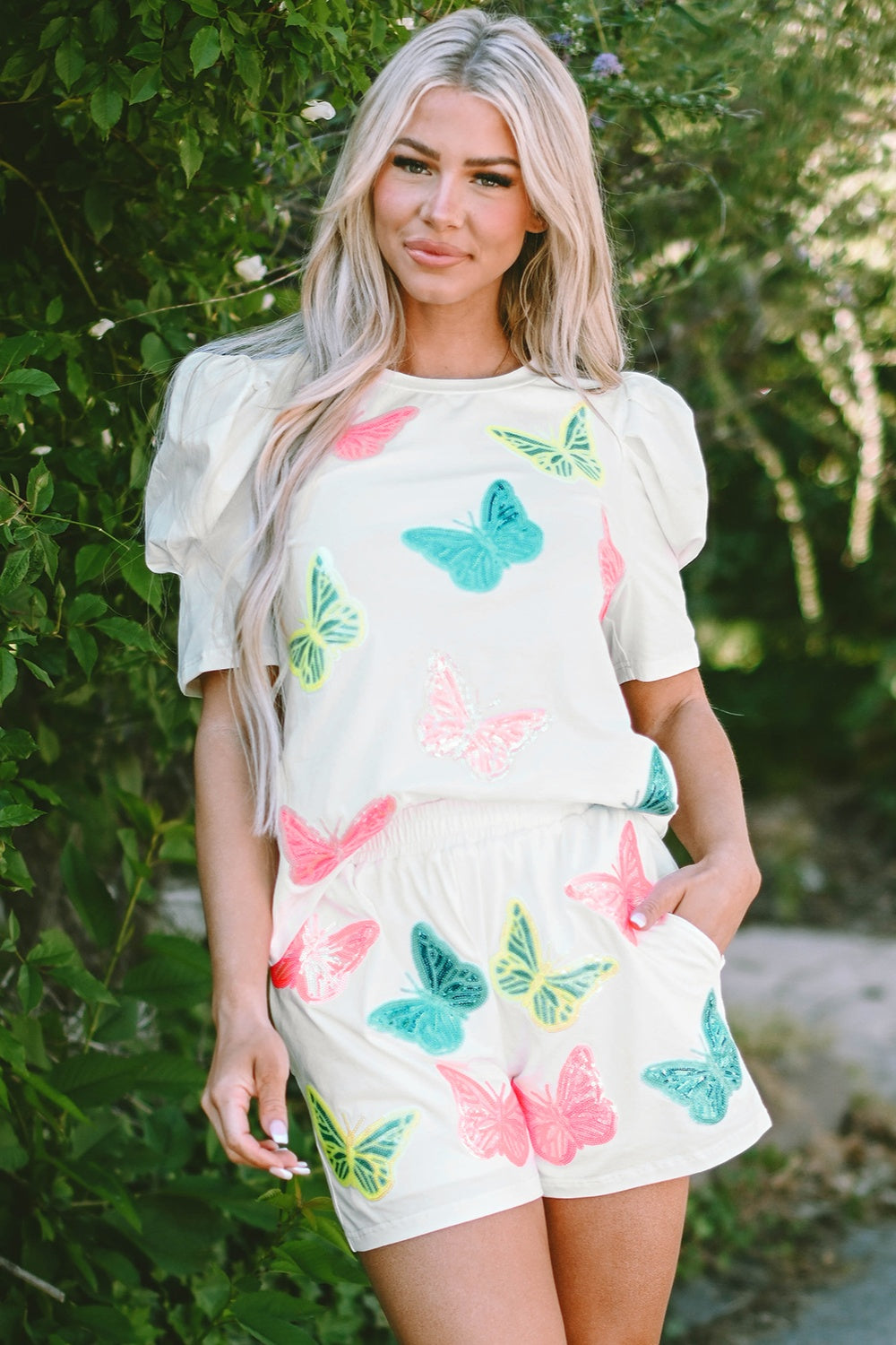 Butterfly Round Neck Top and Shorts Set - JassyBae