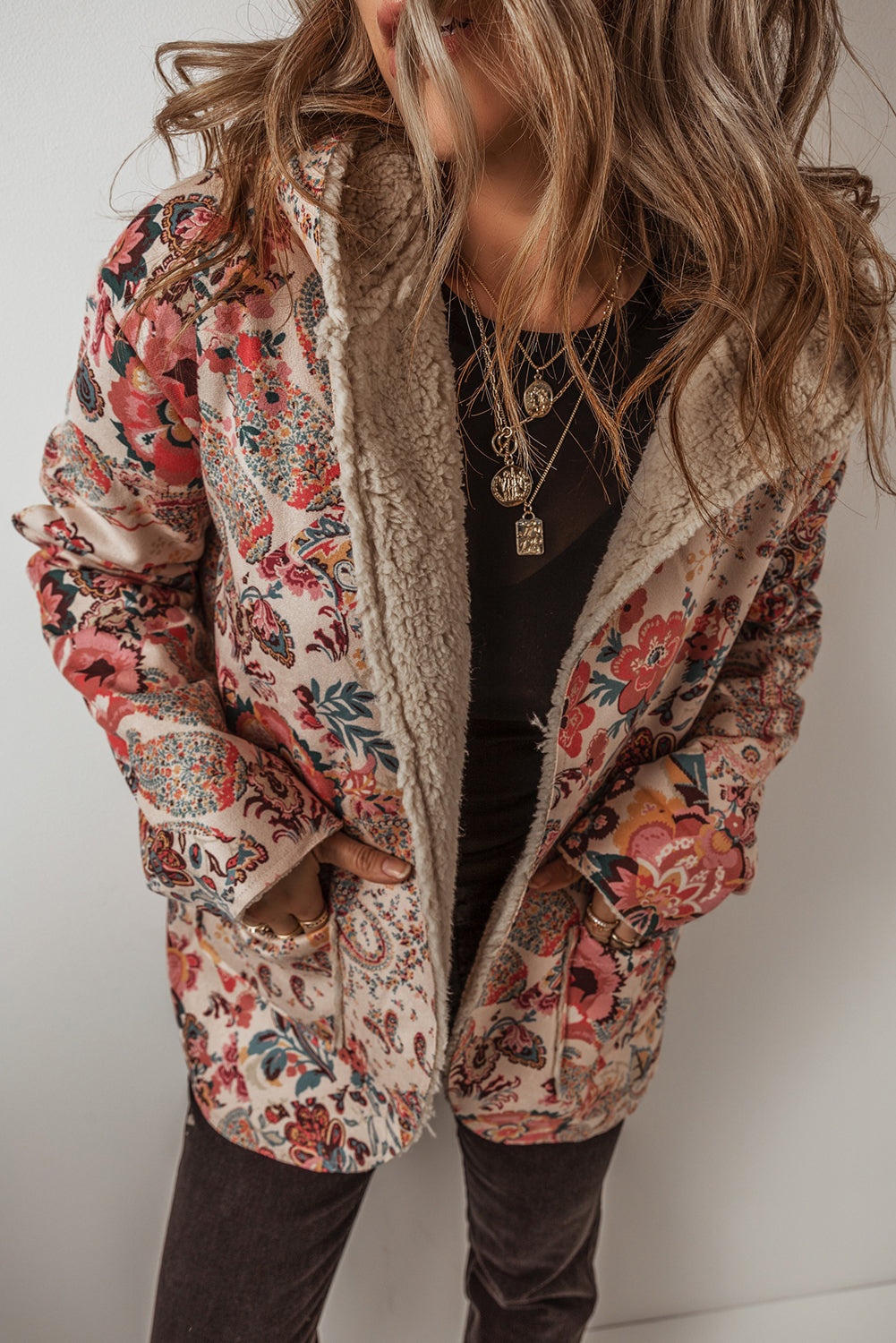 Floral Printed Sherpa Lined Hooded Jacket