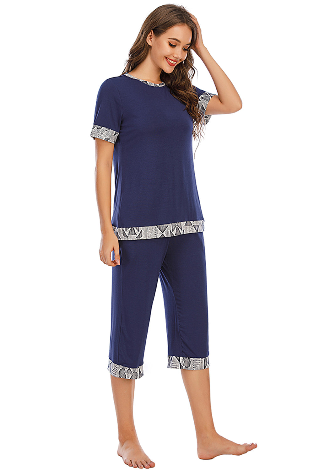 Round Neck Short Sleeve Top and Capris Pants Lounge Set - JassyBae