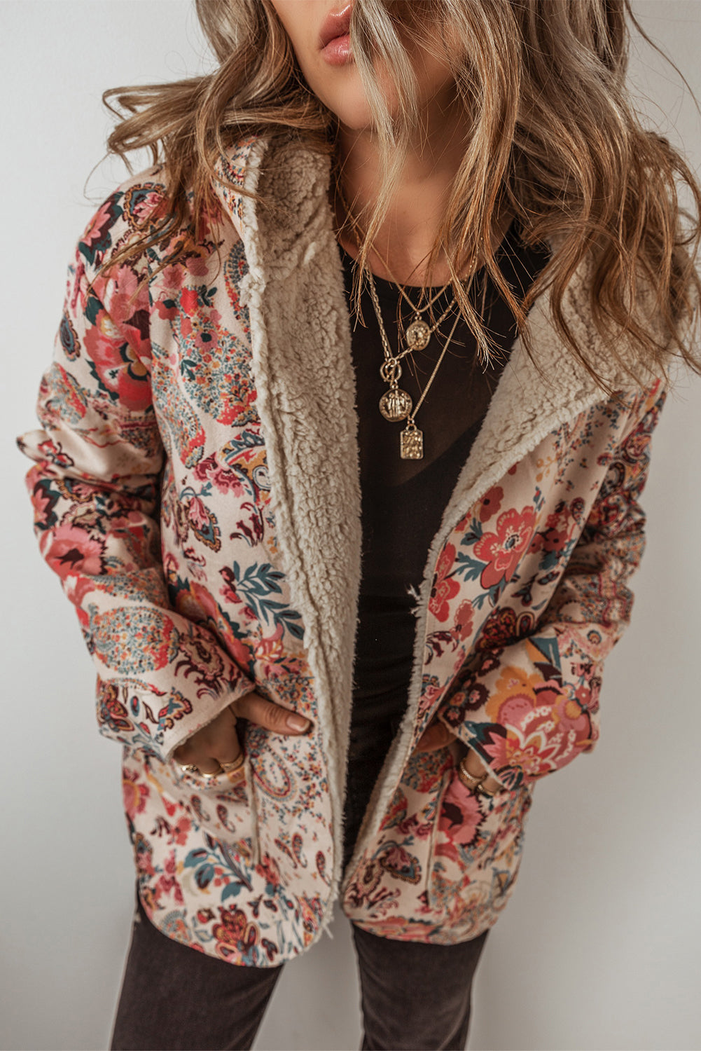 Floral Printed Sherpa Lined Hooded Jacket