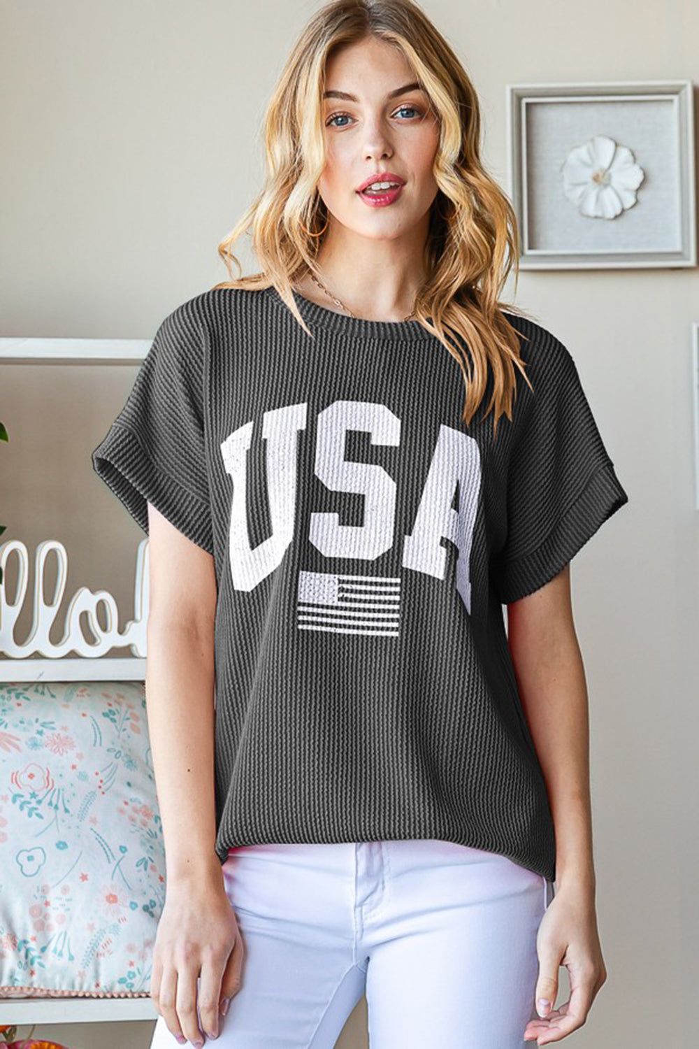 Heimish Full Size USA Graphic Short Sleeve Ribbed Top - JassyBae