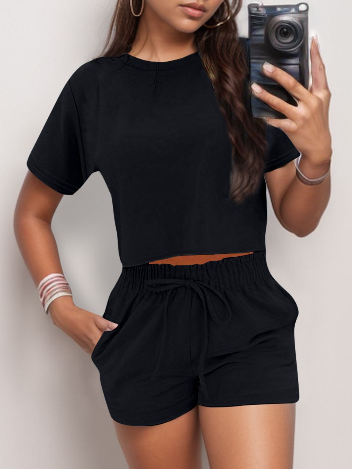 Full Size Round Neck Short Sleeve Top and Shorts Set - JassyBae