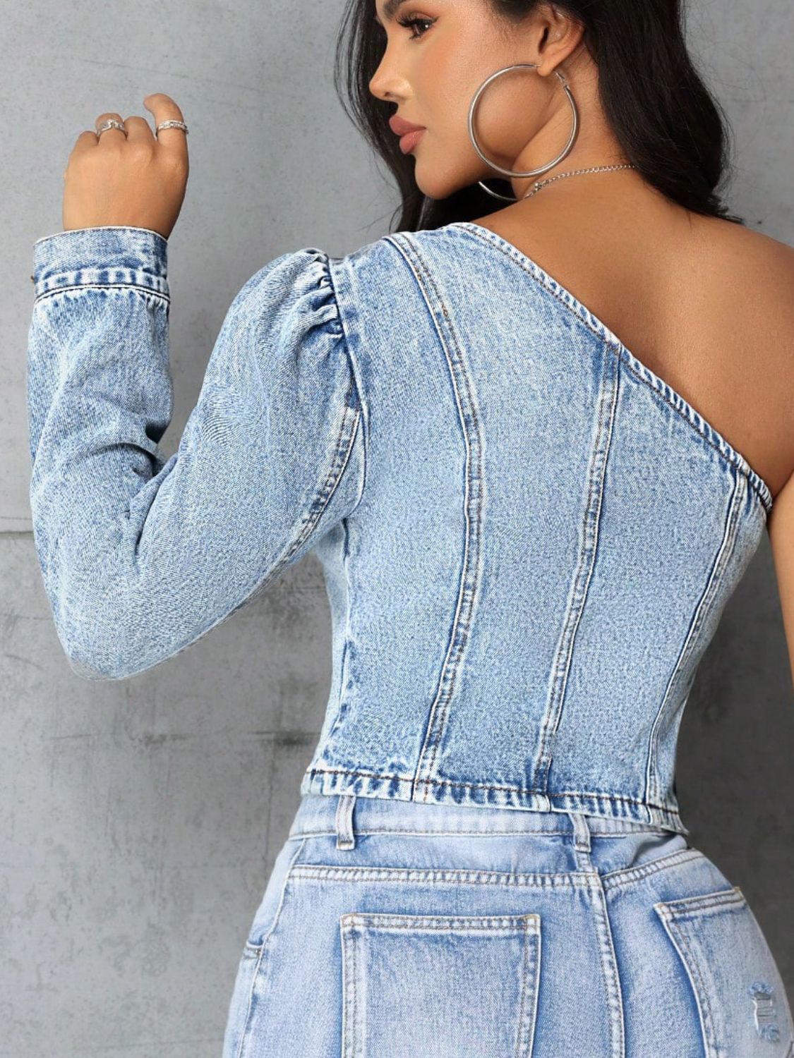 One Shoulder Long Sleeve Denim Top - JassyBae