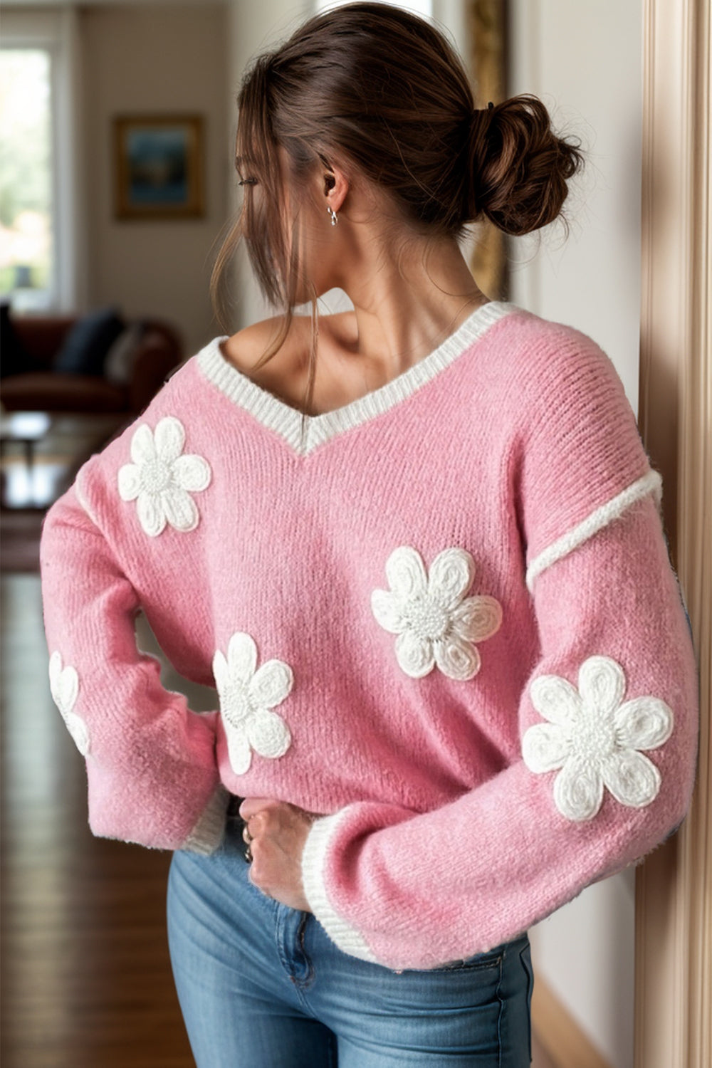 Flower V-Neck Dropped Shoulder Sweater - JassyBae