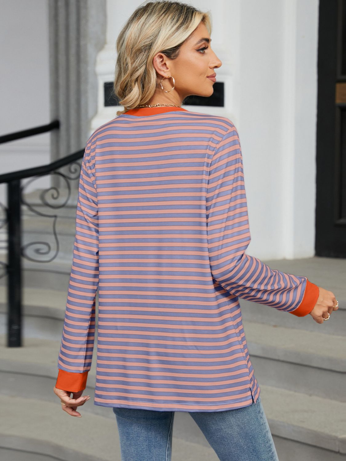 Pocketed Striped Round Neck Long Sleeve T-Shirt - JassyBae