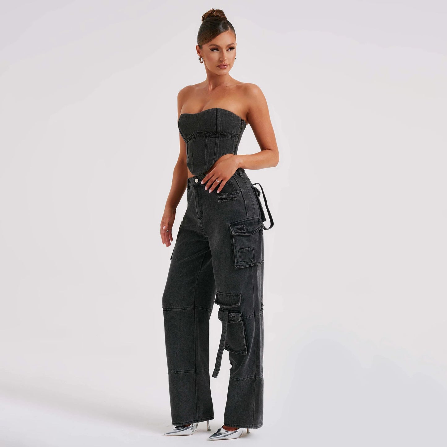 Low Waist Three-Dimensional Tube Top and Jeans 