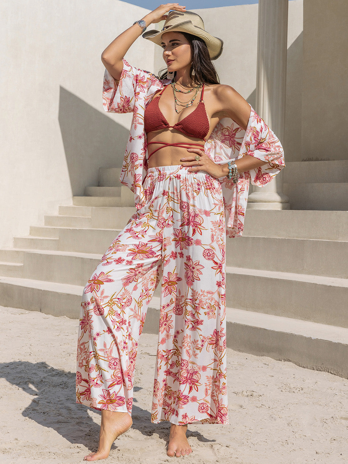 Printed Open Front Half Sleeve Top and Pants Set - JassyBae