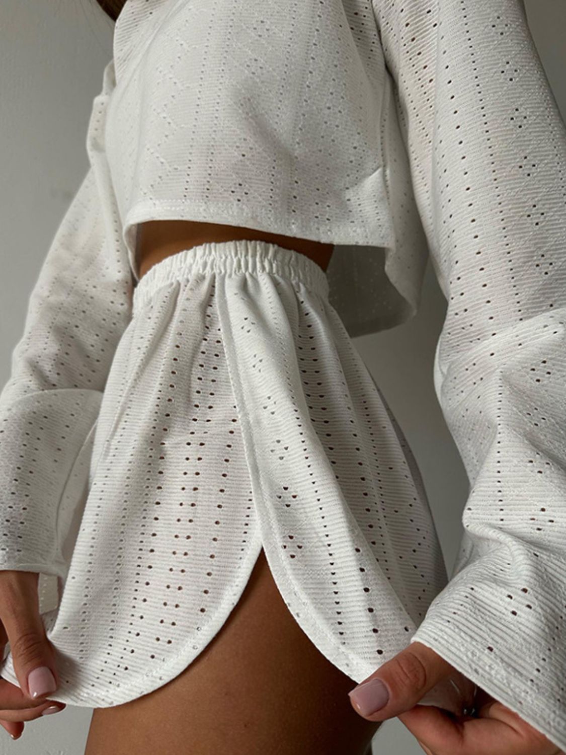 Eyelet Round Neck Top and Shorts Set - JassyBae