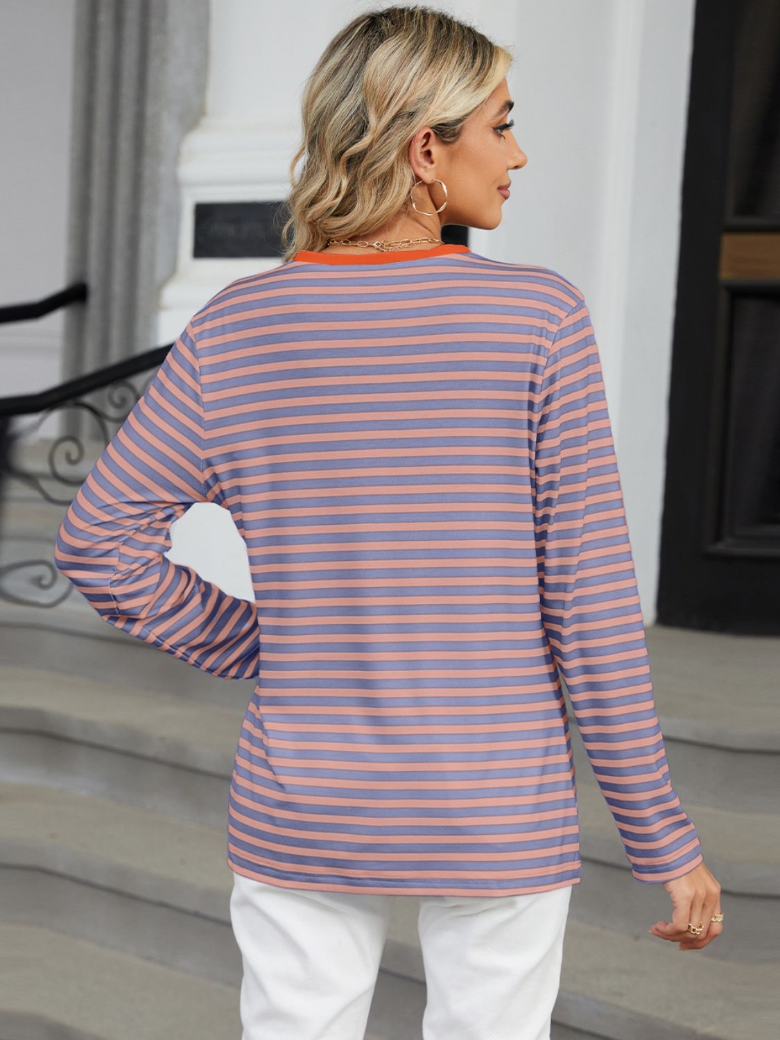 Striped Notched Long Sleeve T-Shirt - JassyBae