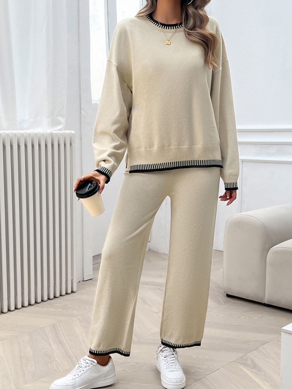 Round Neck Dropped Shoulder Top and Pants Sweater Set - JassyBae