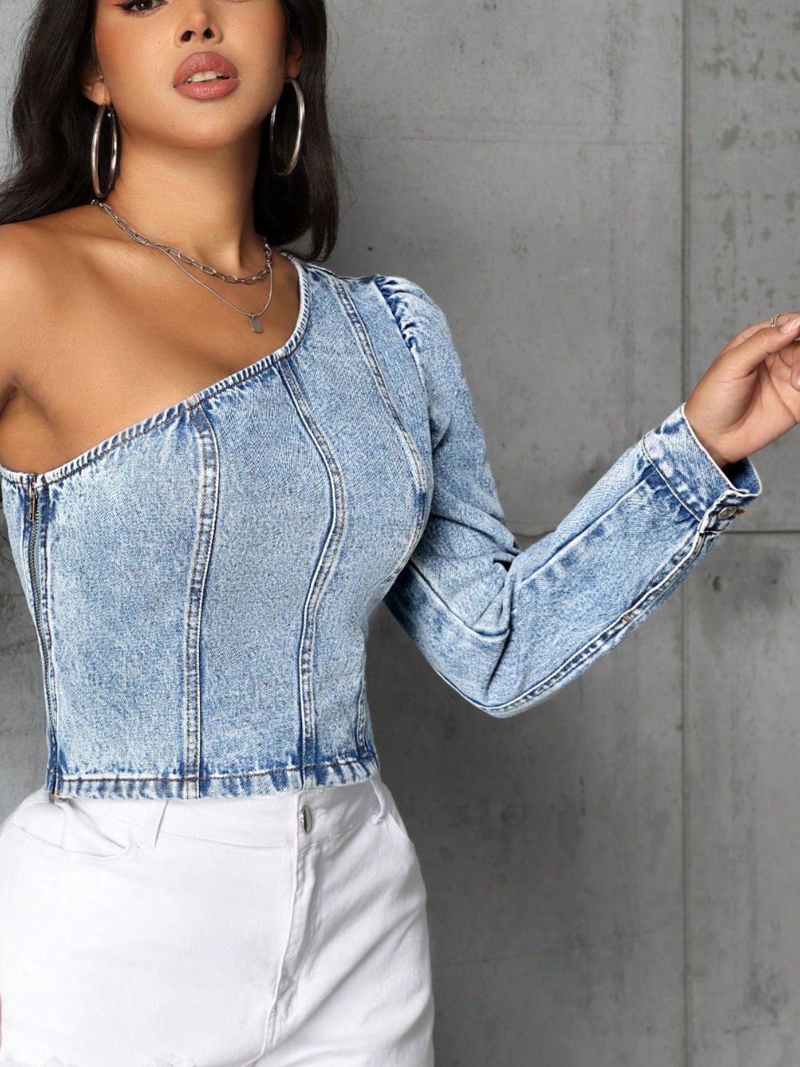 One Shoulder Long Sleeve Denim Top - JassyBae