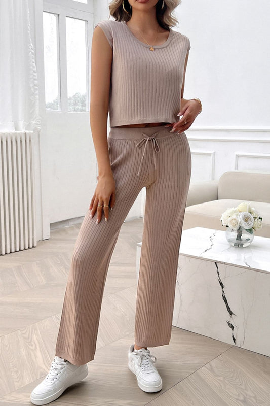 Ribbed Round Neck Top and Pants Set - JassyBae