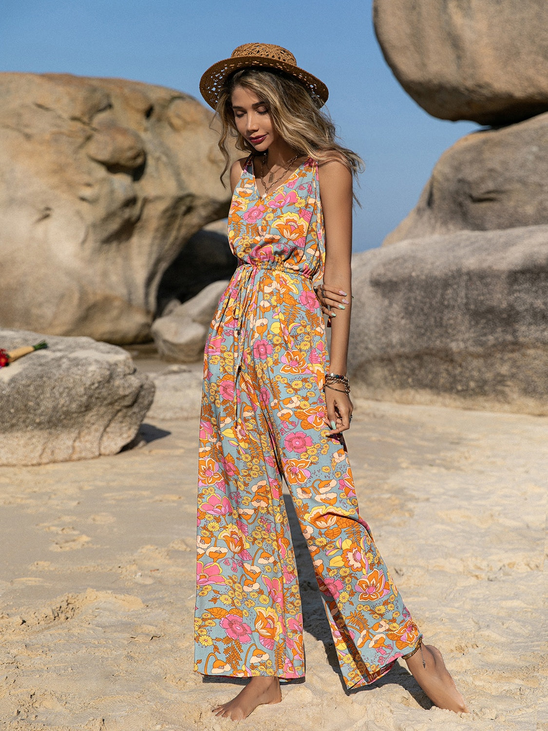 V-Neck Wide Leg Jumpsuit - JassyBae