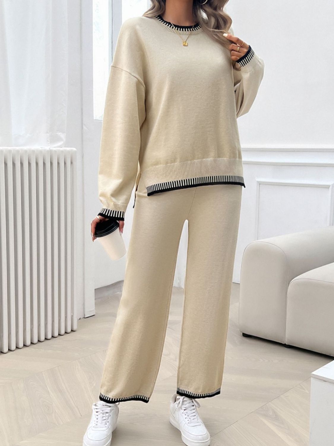 Round Neck Dropped Shoulder Top and Pants Sweater Set - JassyBae