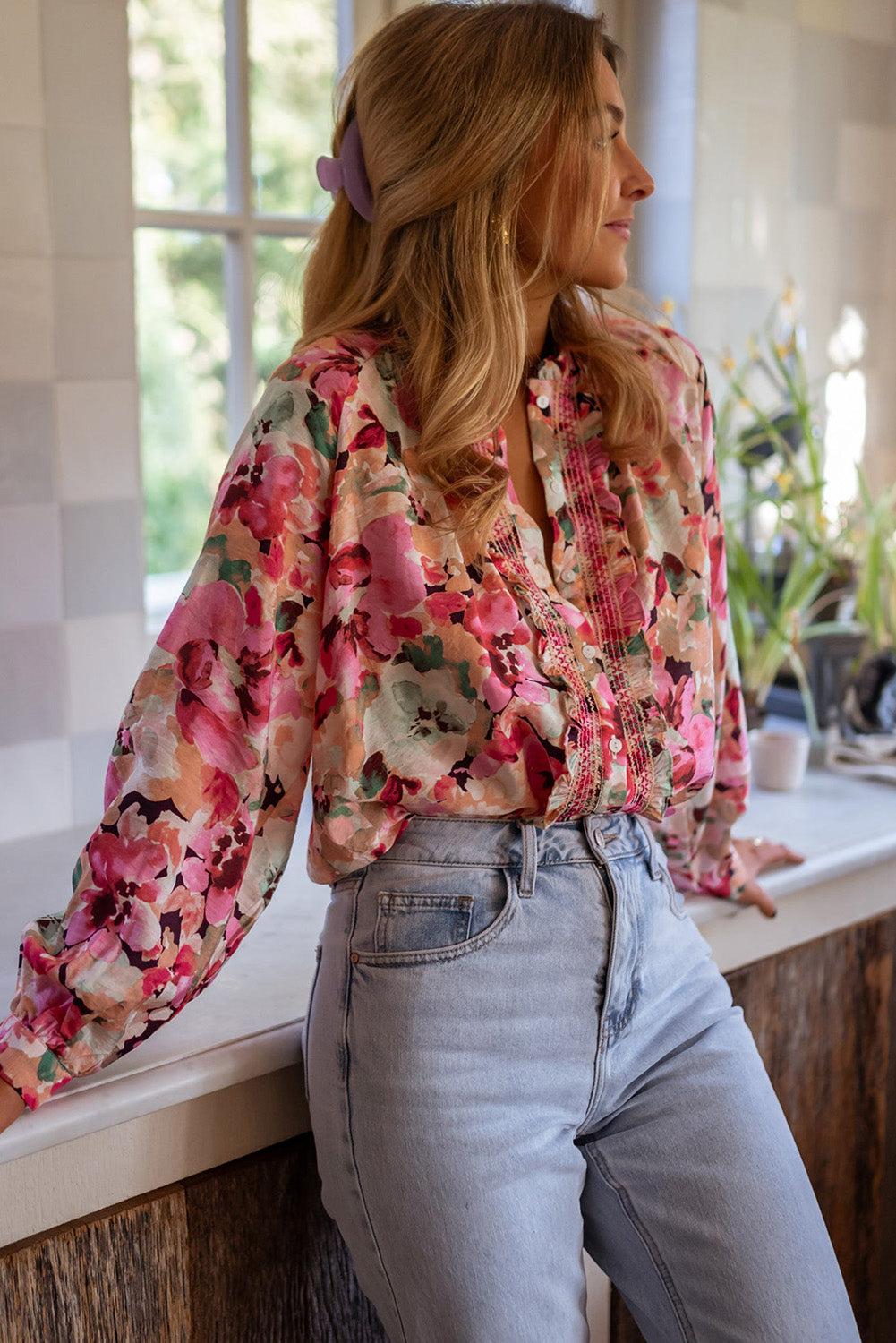 Red Floral Ruffled Shirt