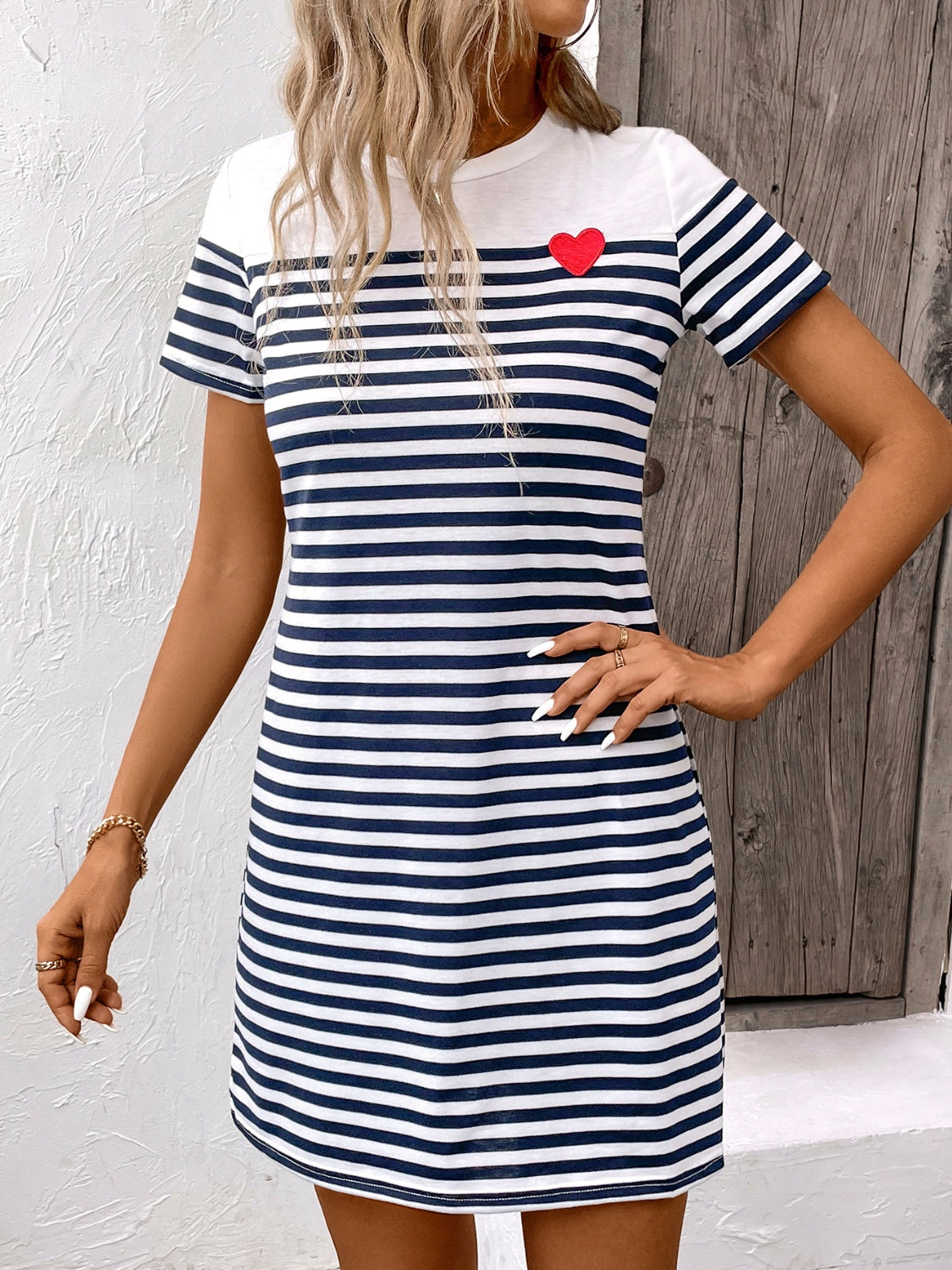 Striped Round Neck Short Sleeve Mini Dress - JassyBae