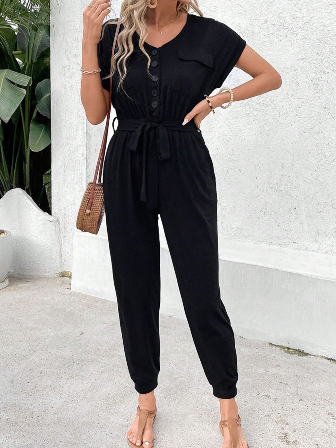 V-Neck Short Sleeve Jumpsuit - JassyBae