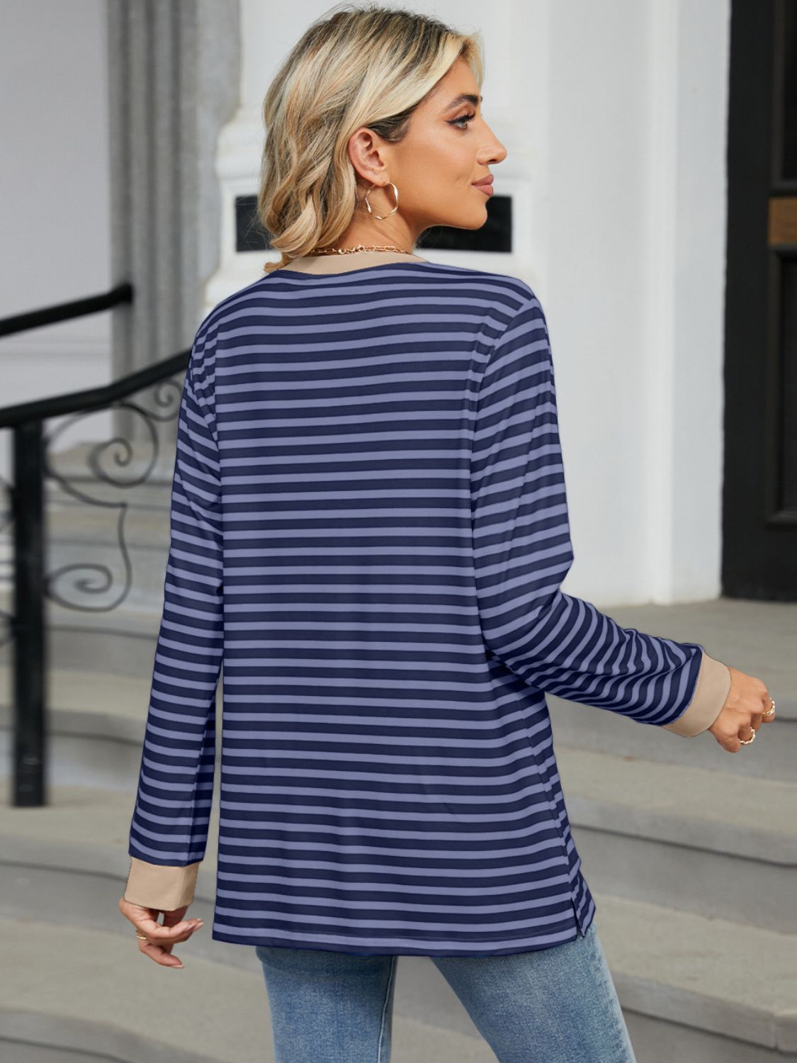 Pocketed Striped Round Neck Long Sleeve T-Shirt - JassyBae