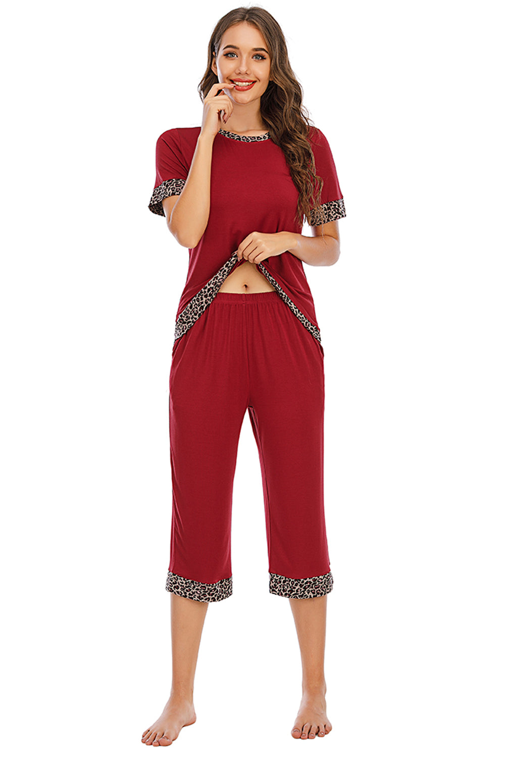 Round Neck Short Sleeve Top and Capris Pants Lounge Set - JassyBae