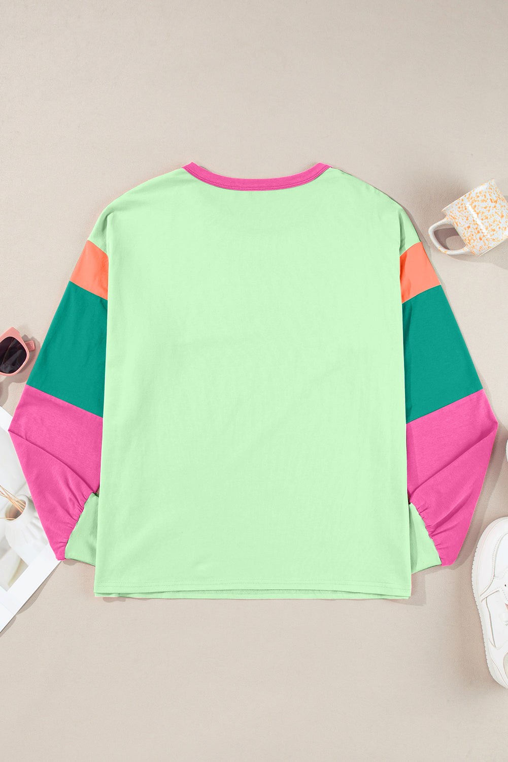 Color Block Round Neck Long Sleeve Top - JassyBae