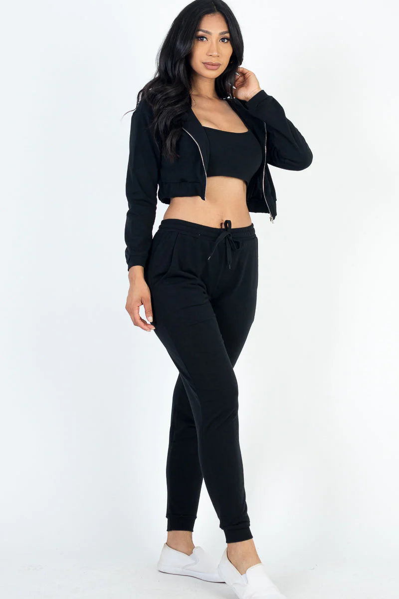 Cozy Chic French Terry Lounge Set: Zip-Up Jacket, Cropped Cami, and Joggers