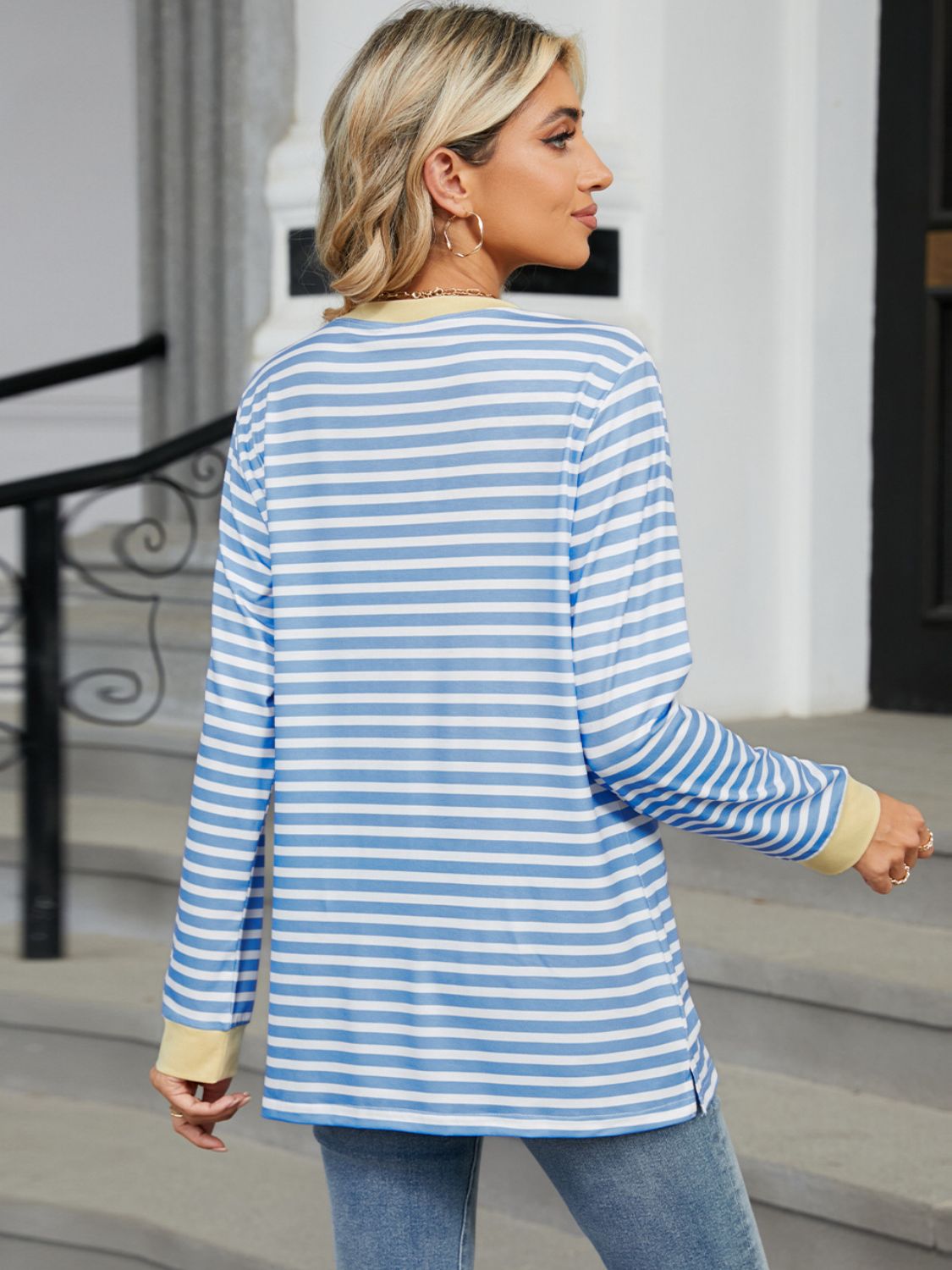 Pocketed Striped Round Neck Long Sleeve T-Shirt - JassyBae