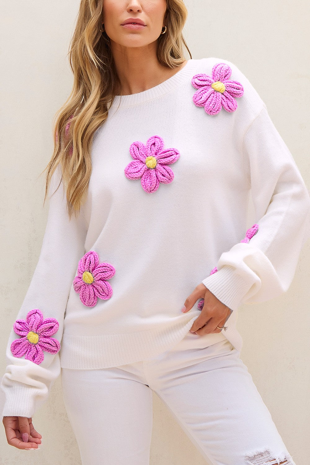 Crochet Flower Round Neck Long Sleeve Sweater - JassyBae