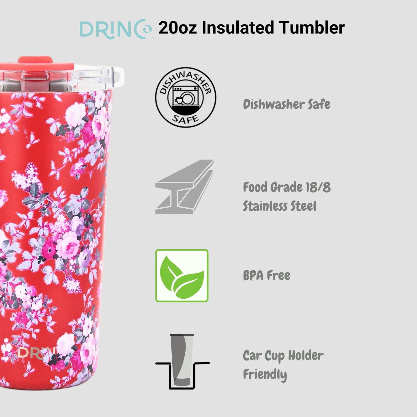 DRINCO® Seattle 20oz Insulated Tumbler Leakproof w/straw-Peony Floral