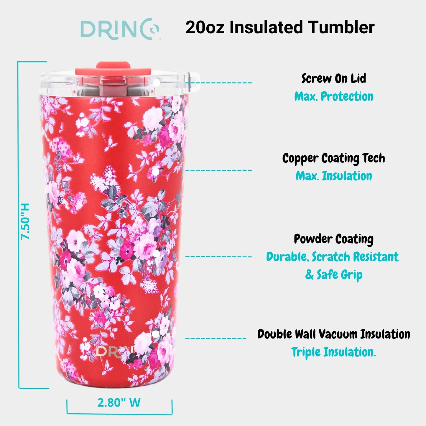 DRINCO® Seattle 20oz Insulated Tumbler Leakproof w/straw-Peony Floral