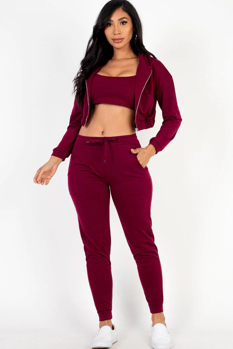 Cozy Chic French Terry Lounge Set: Zip-Up Jacket, Cropped Cami, and Joggers