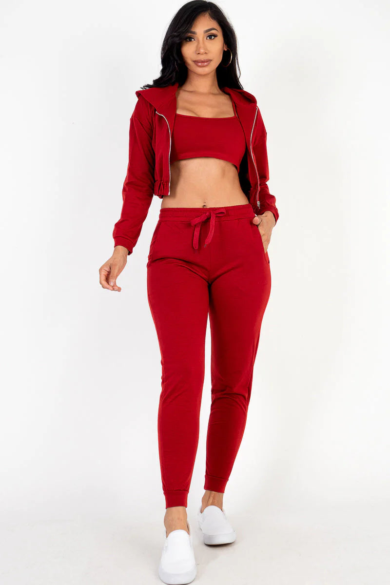 Cozy Chic French Terry Lounge Set: Zip-Up Jacket, Cropped Cami, and Joggers