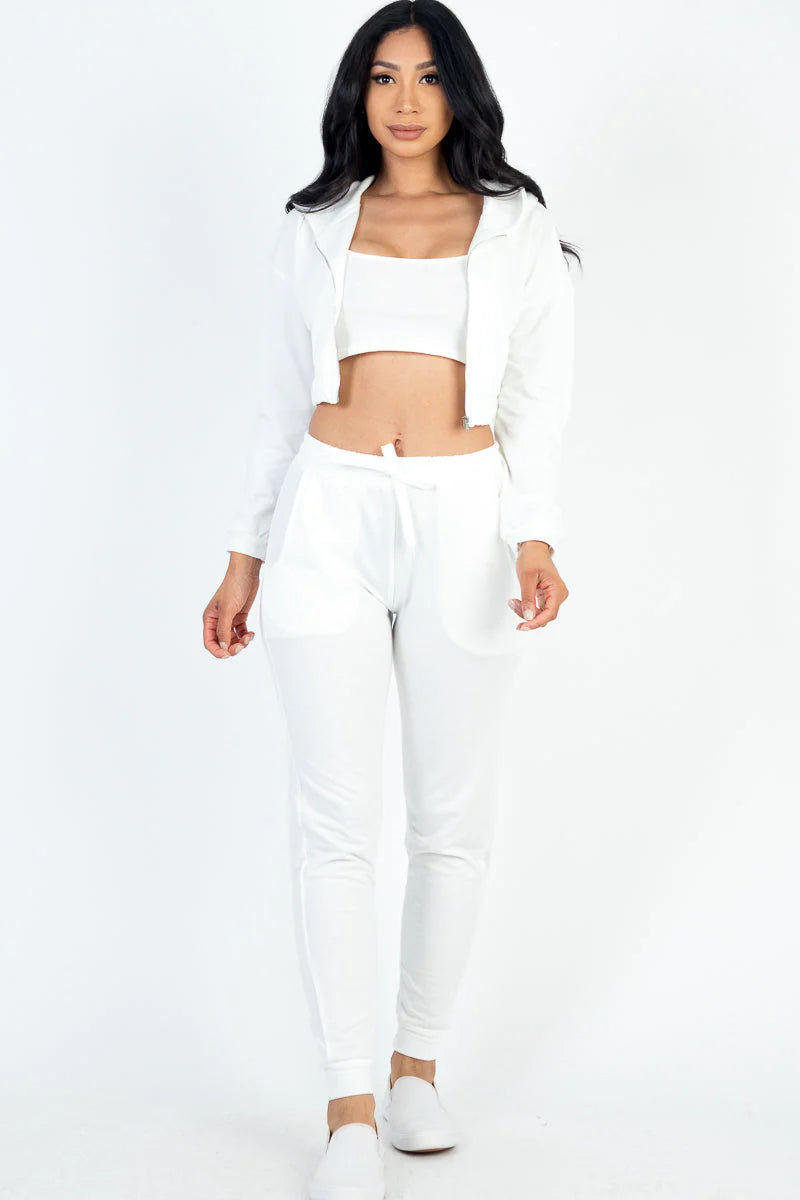 Cozy Chic French Terry Lounge Set: Zip-Up Jacket, Cropped Cami, and Joggers