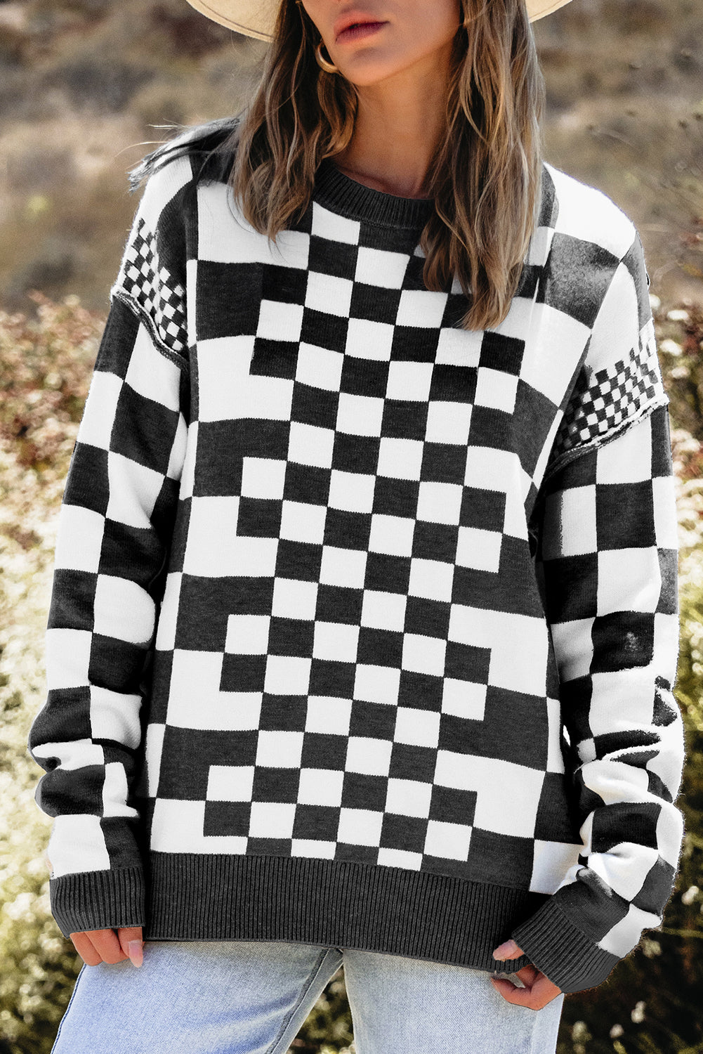 Black Checkered Round Neck Sweater